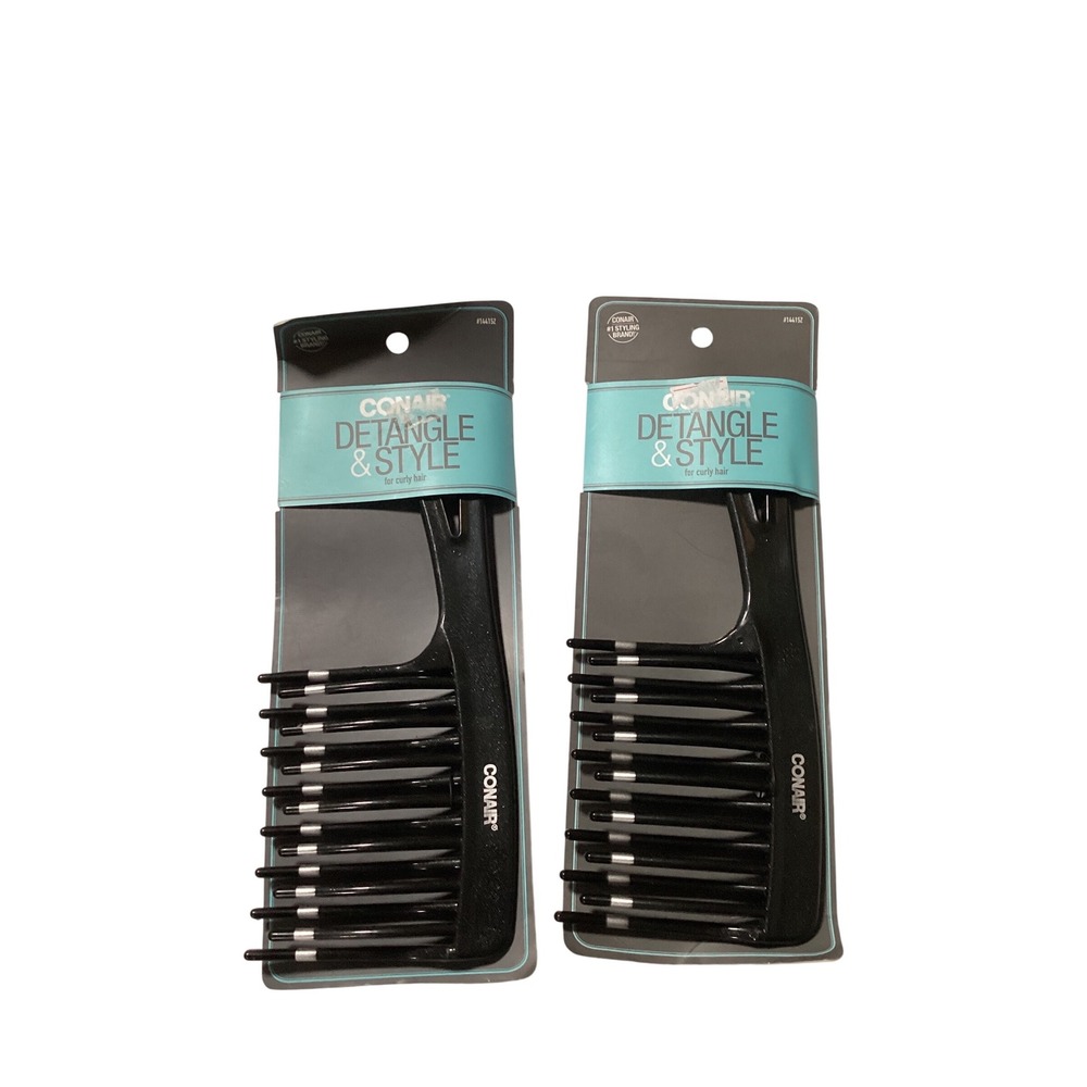Lot of 2 Conair Detangle & Style Wide Tooth Combs for Curly Hair Black #14415Z